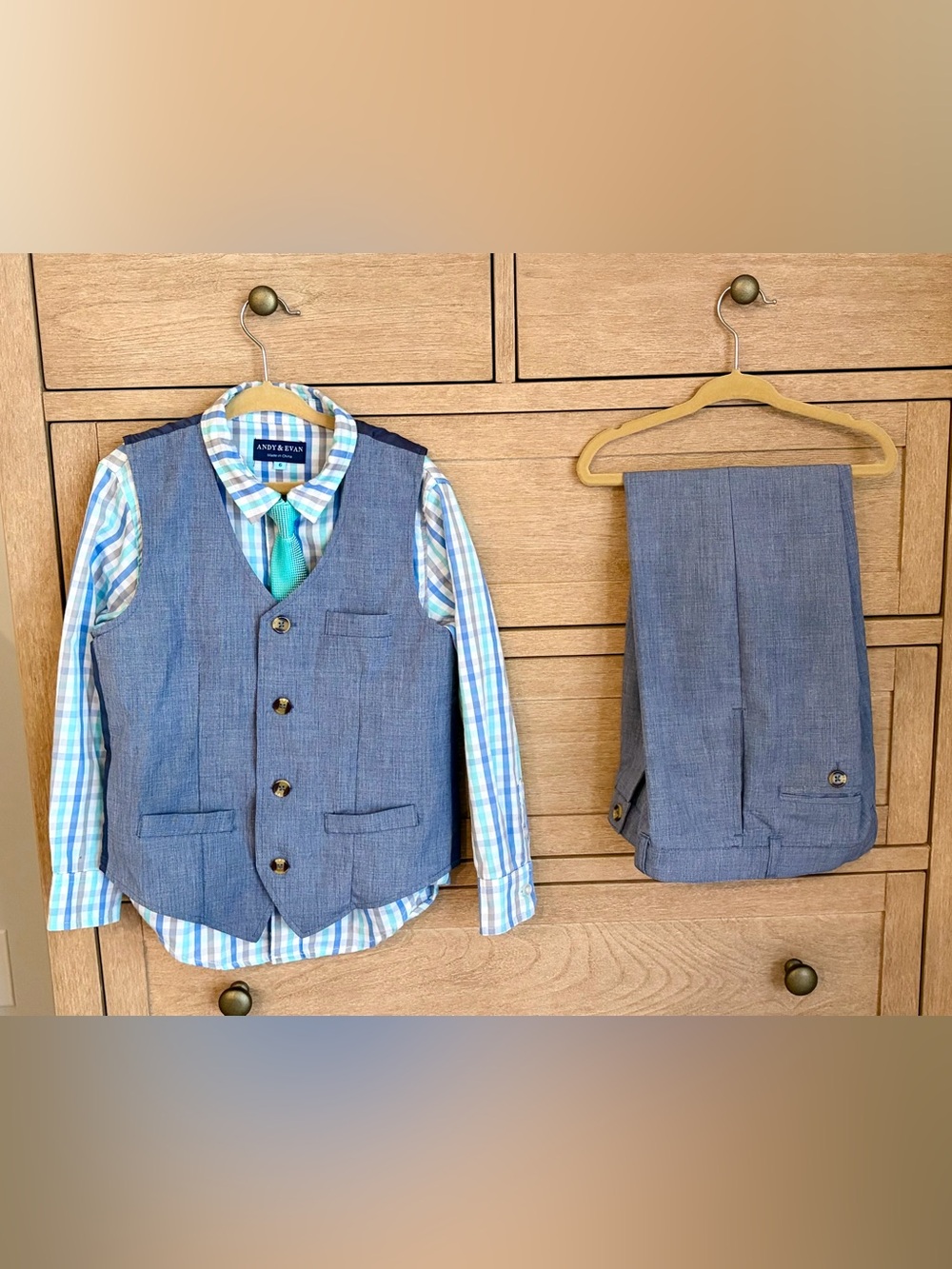 Andy & Evan Blue-Gray Vest and Pants Set with Aqua Tie